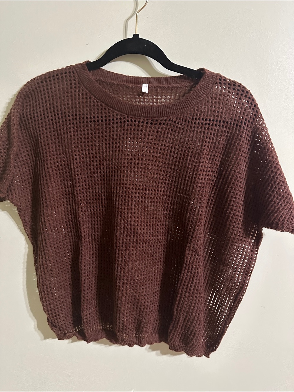 Brown Open Knit Short Sleeve Sweater